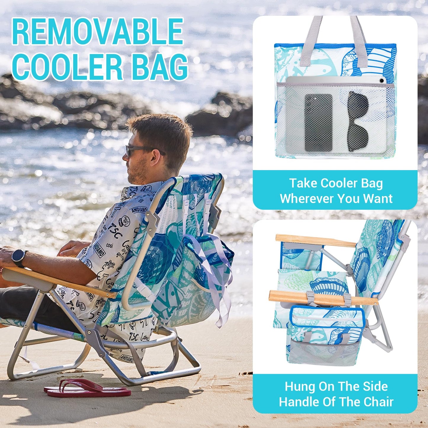 #WEJOY Beach Chair with 4 Positions for Adults Portable Backpack Aluminum Beach Chair with Wooden Armrest Lightweight Folding Chairs with Back Pocket Bag for Lawn Pool Patio Camping (Cyan Green)