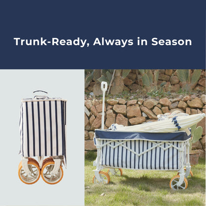 DEER LAND Beach Wagon Cart with Big 6.7" Fat Tires, Foldable Sand Wagon for Beach, Camping & Outdoor Use – Large Capacity, Easy Pull Design, Heritage Navy Stripe
