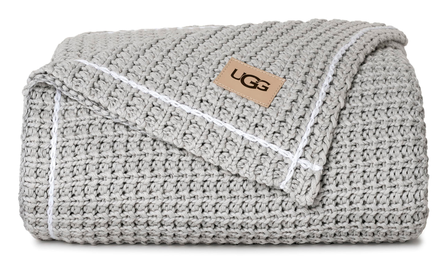UGG Luna Knit Blanket Throw Cotton Chunky Soft Throw for Couch or Bed Cozy Warm Waffle Giftable Lightweight Blanket for Living Room Bedroom or Dorm Machine Washable, 50-inch x 70-inch, Stone Grey
