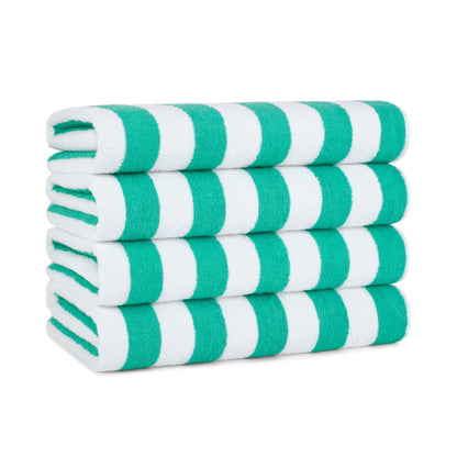 Arkwright California Cabana Stripe Beach Towel - Pack of 4, Large Soft Quick Dry Cotton Terry Towels Set for Pool, Swim, and Hot Tub, Oversized 30 x 70 in, Green
