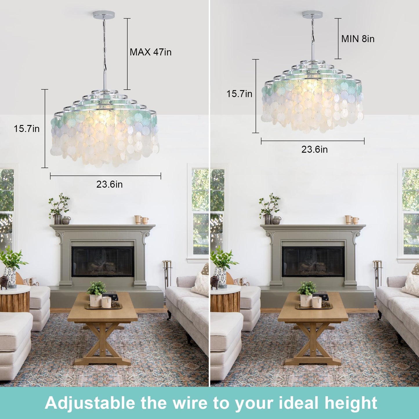TRIBILLION 24" Capiz Shell Chandelier Dining Room Chandeliers Bathroom Pendant Light 6 Light Coastal Ceiling Hanging Light for Kitchen, Living Room,Bathroom and Bedroom,Bulbs Included