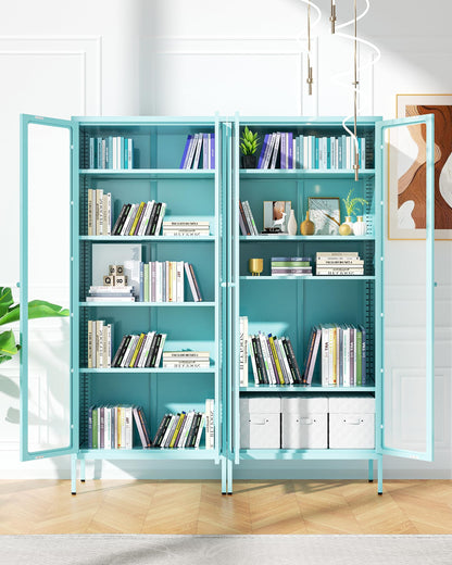 Bonusall Display Cabinet with Glass Doors,67” Metal Display Curio Cabinet with Glass Doors and 4 Adjustable Shelves for Collectibles,Home Office,Living Room,Gaming Room(Blue)