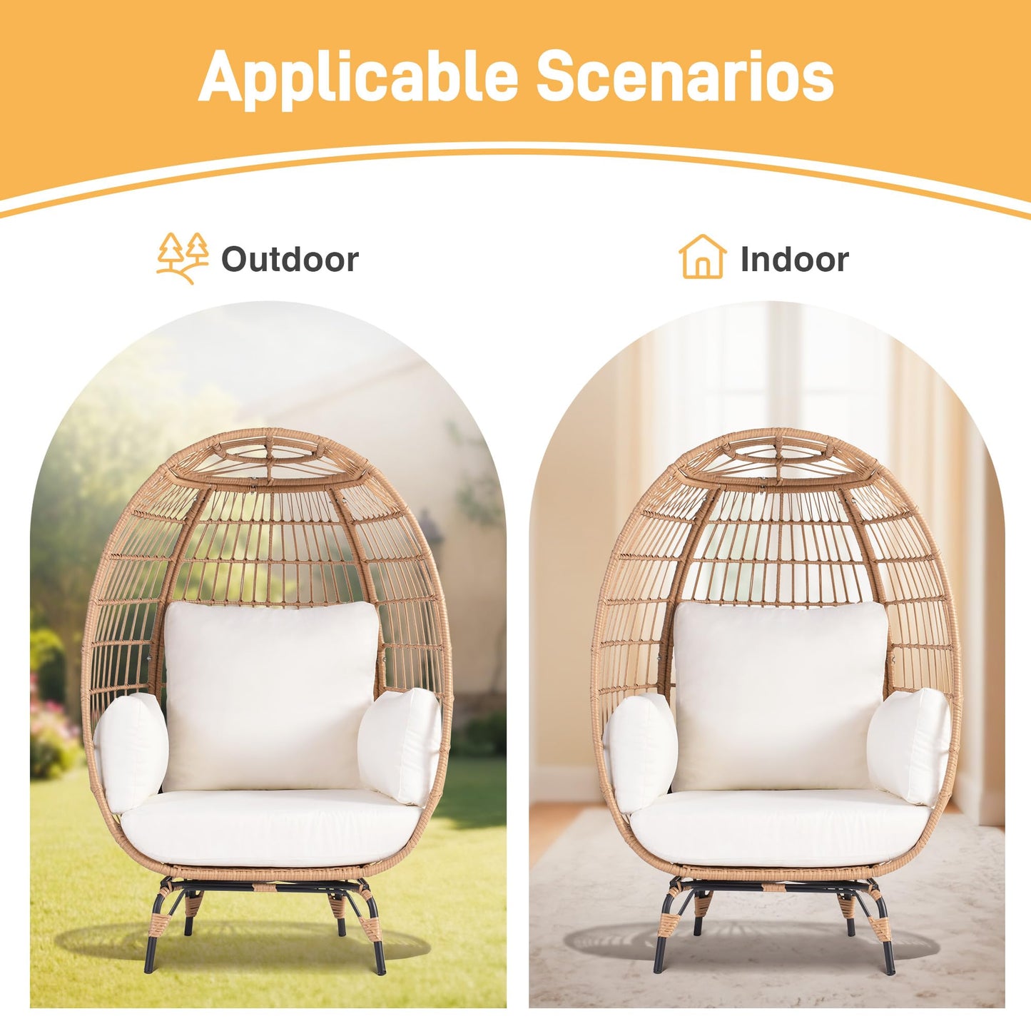 Outdoor Egg Chair, PE Wicker Chair 440 lbs Capacity, Patio Chairs with 4 Thicken Cushions, Oversized Lounge Chairs with Durable Steel Frame Perfect for Balcony, Backyard, Bedroom-Ivory