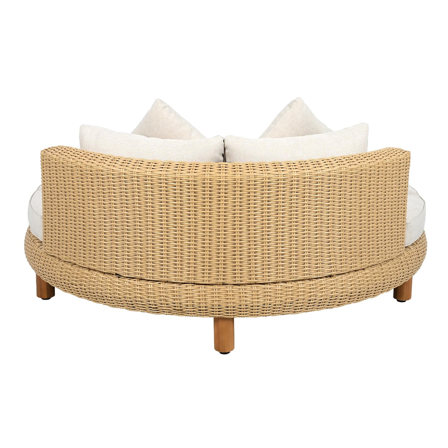 Scott Living Jennie Outdoor Round Wicker Daybed with Water-Resistant Beige Cushions and Pillows, Garden Daybed Sofa, PE Rattan Patio Lounger for Garden, Poolside, Natural+Beige