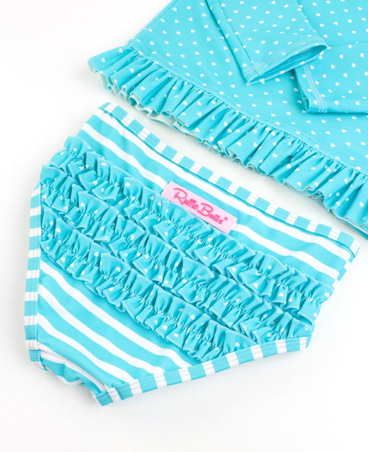 RuffleButts Bright Aqua Heart Polka Dot Long Sleeve Rash Guard Bikini - 7