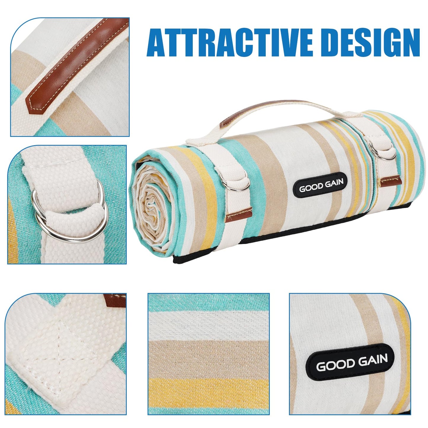 G GOOD GAIN Picnic Blanket Waterproof & Sand Proof,Beach Blanket Portable with Carry Strap, XL Large Foldable Picnic Rug Machine Washable for Camping Party,Wet Grass,Kids Playground.(Pineapple Yellow)