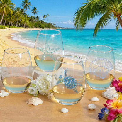 Ocean Themed Stemless Wine Glasses, Set of 4 Seashore Glassware - Sea Turtle, Starfish, Seashell, Conch Shell Assortment, Wine Gifts for Coastal Beach Lovers, Birthday Gifts for Women Mothers Day