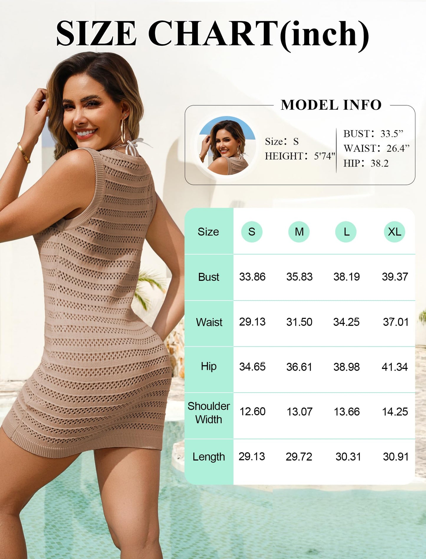 Arolina Womens Crochet Cover Ups Knit Hollow Out Sleeveless Dress Swimsuit Bathing Suit Coverup 2026 for Beach Pool Khaki L