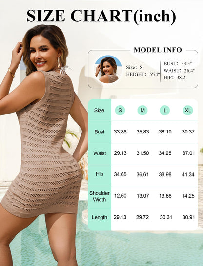 Arolina Womens Crochet Cover Ups Knit Hollow Out Sleeveless Dress Swimsuit Bathing Suit Coverup 2026 for Beach Pool Khaki L