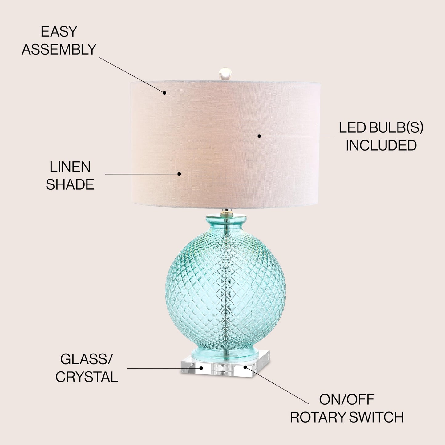 JONATHAN Y JYL2003A 26" Contemporary Glass Table Lamp, Aqua Blue Crystal Bedside Lamp for Living Room, Bedroom Nightstand, Coastal End Table Desk Lamp with White Linen Drum Shade, LED Bulb Included