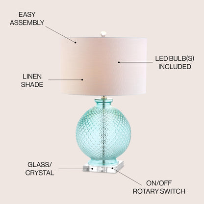 JONATHAN Y JYL2003A 26" Contemporary Glass Table Lamp, Aqua Blue Crystal Bedside Lamp for Living Room, Bedroom Nightstand, Coastal End Table Desk Lamp with White Linen Drum Shade, LED Bulb Included