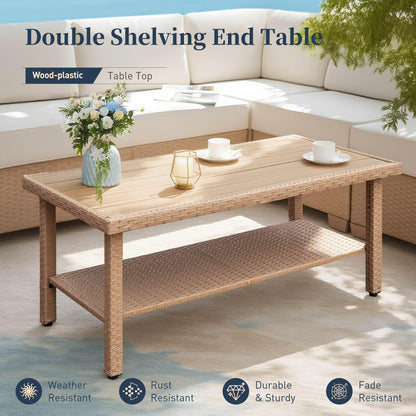 Patio Furniture Set 6 Piece, Wicker Rattan Sectional Sofa Couch with 5.5" Thick Waterproof Cushion and Coffee Table, L Shape All Weather Outdoor Conversation Set for Lawn Backyard Deck, Beige