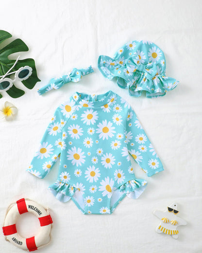 SODLON Baby Swimsuit Girl 3-6 Months Infant Long Sleeve Girls One-Piece Bathing Suit Ruffle Blue Daisy Newborn Swimwear with Hat & Headband Rash Guard Baby Beach Essentials