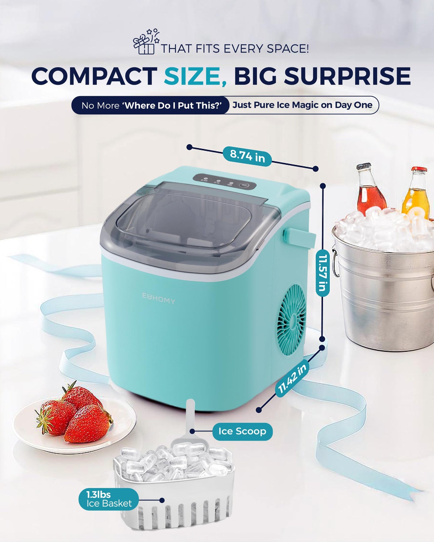 EUHOMY Countertop Ice Maker Machine with Handle, 26lbs Per Day, 9 Ice Cubes Ready in 6 Mins, Auto-Cleaning Portable Ice Maker with Basket and Scoop, for Home/Kitchen/Camping/RV (Green)