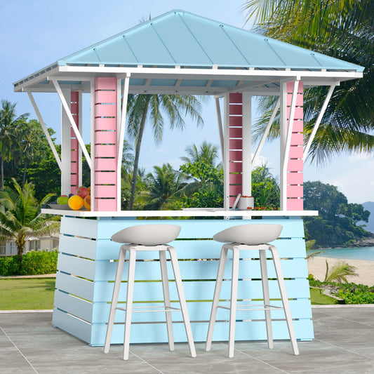 Modern Shade Permanent Coastal Dream Outdoor Bar, Grill Gazebo with USB Charging Socket and Hooks, Outdoor Gazebo with 2 Open Sides, Galvanized Steel Pavilion for Swimming Pool, Backyard, BBQ, Party