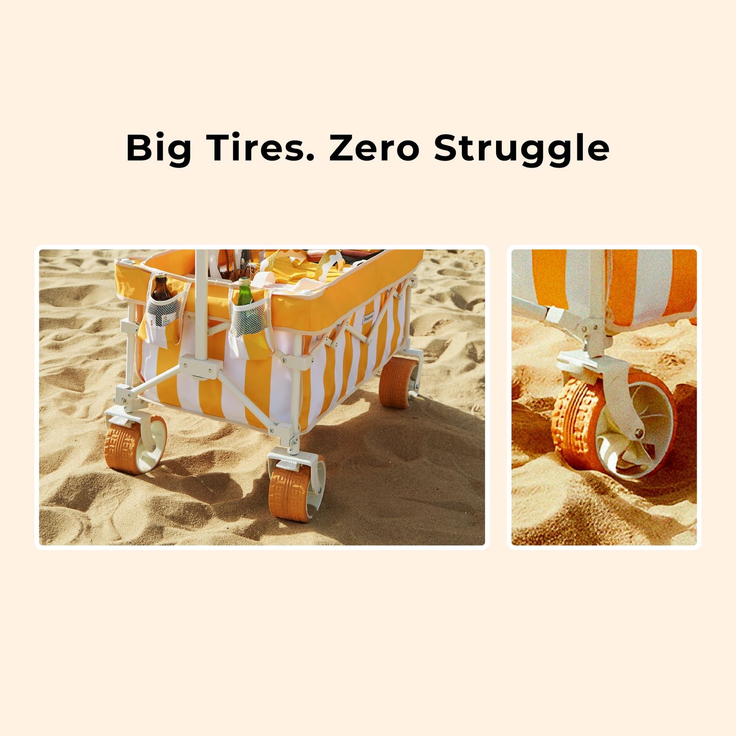 DEER LAND Beach Wagon Cart with Big 6.7" Fat Tires, Foldable Sand Wagon for Beach, Camping & Outdoor Use – Large Capacity, Easy Pull Design, Cala Serena Ochre Stripe