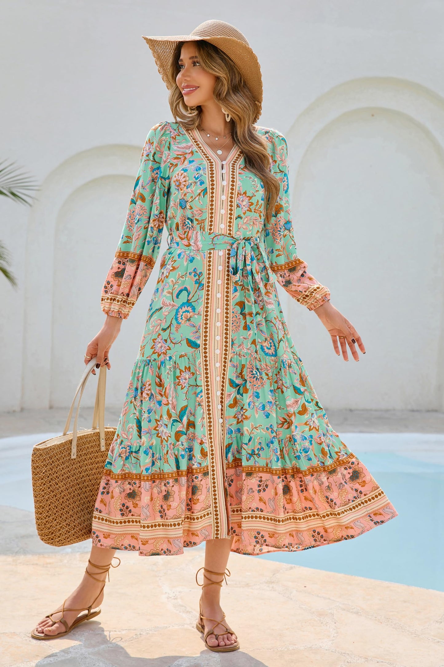 R.Vivimos Women's Long Sleeve Boho Midi Dress V Neck Floral Print Casual Button Down Loose Ruffle Beach Long Dress with Belt (X-Large, Aqua)