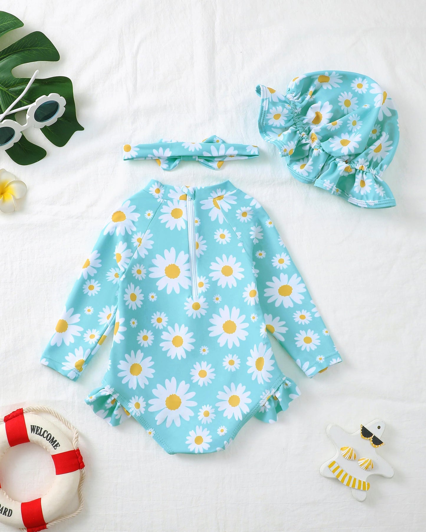 SODLON Baby Swimsuit Girl 3-6 Months Infant Long Sleeve Girls One-Piece Bathing Suit Ruffle Blue Daisy Newborn Swimwear with Hat & Headband Rash Guard Baby Beach Essentials