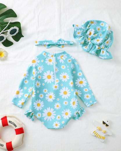 SODLON Baby Swimsuit Girl 3-6 Months Infant Long Sleeve Girls One-Piece Bathing Suit Ruffle Blue Daisy Newborn Swimwear with Hat & Headband Rash Guard Baby Beach Essentials
