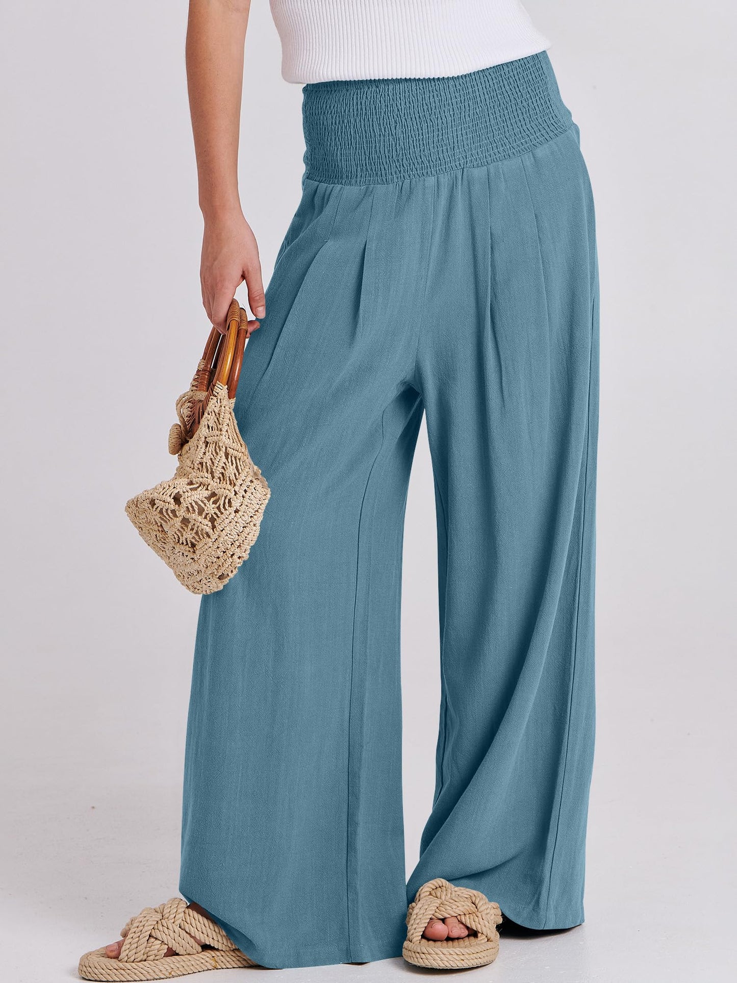 ANRABESS Women Linen Palazzo Pants Summer Boho Wide Leg High Waist Casual Lounge Pant 2026 Beach Travel Vacation Outfits Lake XX-Large