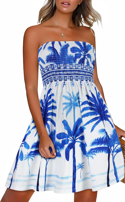 CHICGAL Strapless Dresses for Women Casual Sundress Summer Beach Cover Ups Off Shoulder Boho Print(White Blue Tree,M)
