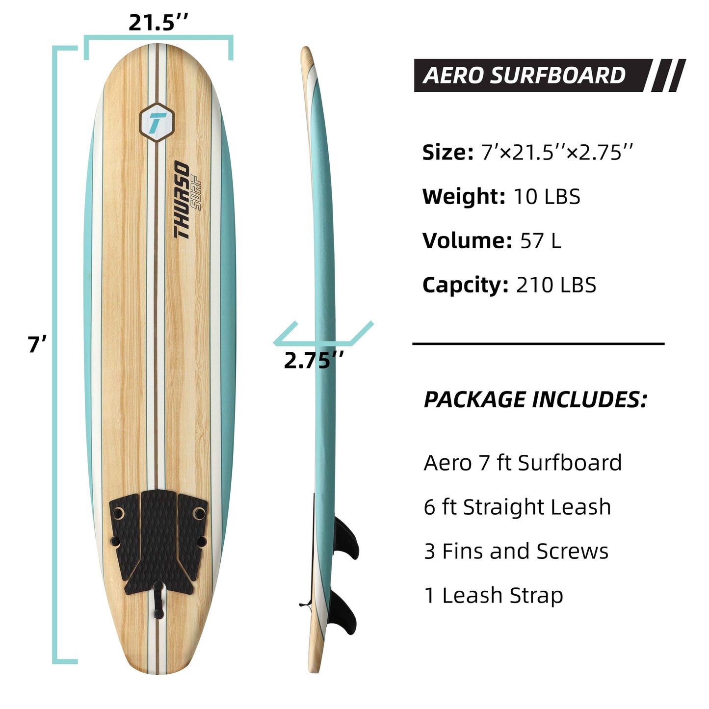 THURSO SURF Aero 7ft Soft Top Foam Surfboard for Beginner Adults and Kids Lightweight Shortboard for Surfing Beach Fun and Water Sports – Durable, Stable, and Easy to Ride for All Levels Surfers