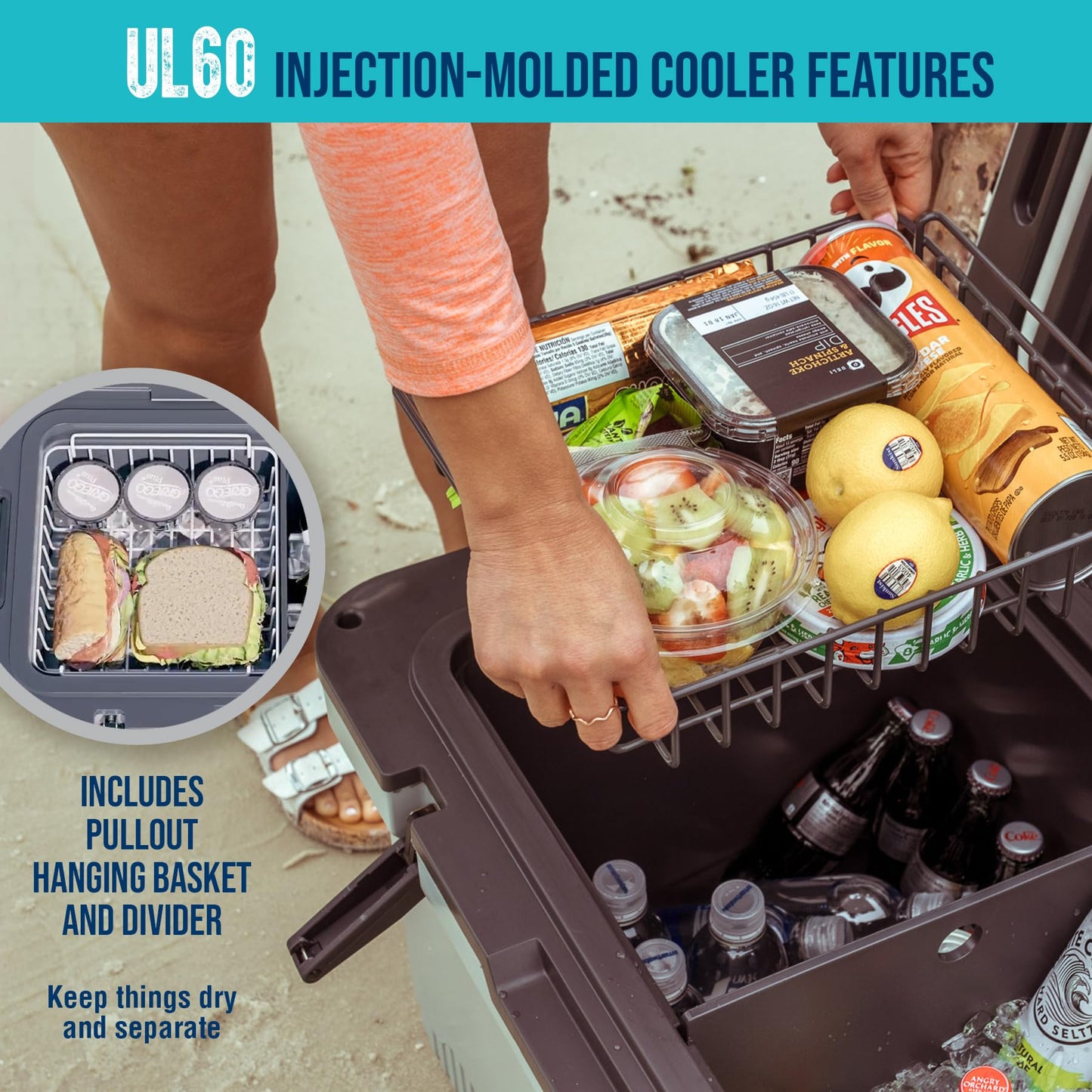 ENGEL 60 QT Ultra-Light Injection Molded Cooler - Ice Chest Keeps Ice up to 7 Days - Large Cooler Includes Wire Basket, Divider and Built-in Bottle Opener - Seafoam with Dark Grey Interior (Seafoam)