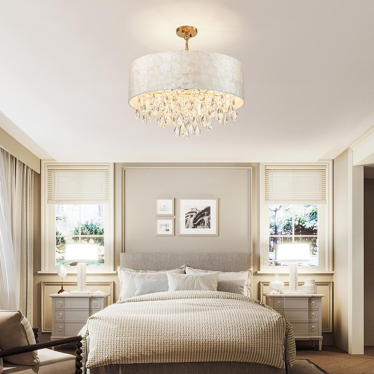 LumFurn 6-Light Drum Capiz Shell Crystal Chandeliers, Coastal Style Pendant Light Fixture for Dining Room, Living Room, D24 x H23~71 inch(Adjustable), Shell Lampshade & Gold Finish