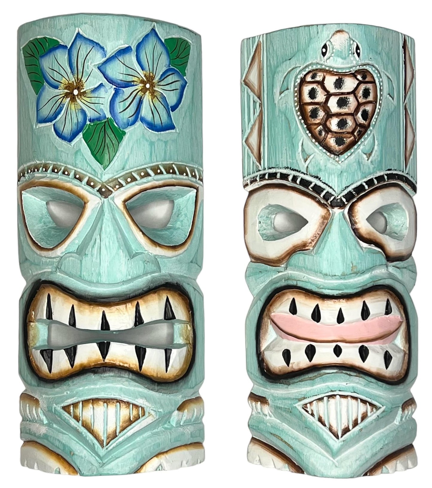 Top Brass Set of 2 – Aqua Teal Tiki Mask – Unique Hand Carved Wall Hanging or Freestanding Sculpture – Tropical Polynesian Flowers and Hawaiian Sea Turtle – Tribal Party Beach Luau Bar Decor