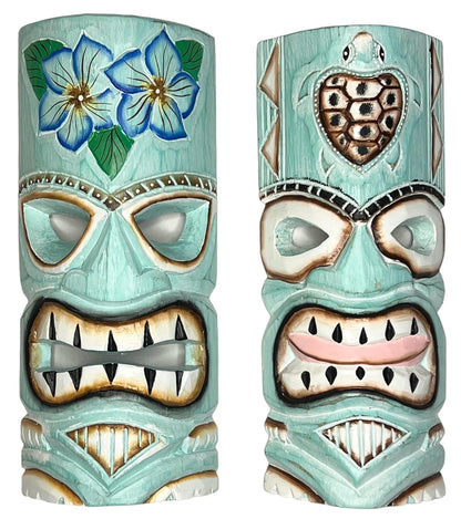 Top Brass Set of 2 – Aqua Teal Tiki Mask – Unique Hand Carved Wall Hanging or Freestanding Sculpture – Tropical Polynesian Flowers and Hawaiian Sea Turtle – Tribal Party Beach Luau Bar Decor
