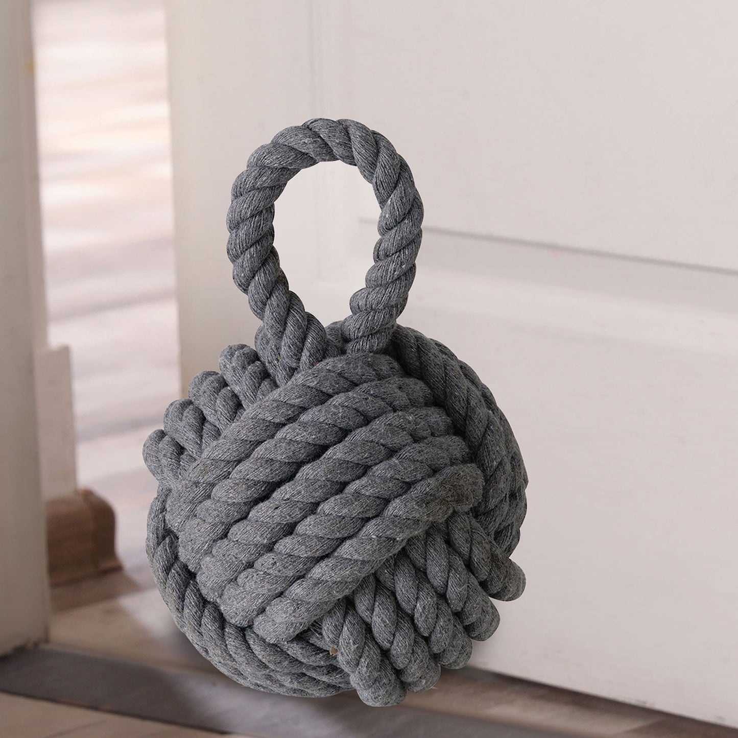 Nautical Knot Door Stopper, Set of 2, Grey and White, Natural Jute Rope, Hand Tied, Loop Handle, 6 D x 9 H inches, Weighted, 5.5 Pounds Together