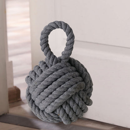 Nautical Knot Door Stopper, Set of 2, Grey and White, Natural Jute Rope, Hand Tied, Loop Handle, 6 D x 9 H inches, Weighted, 5.5 Pounds Together