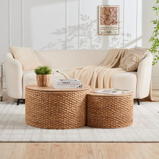 Giofanzo Round Nesting Coffee Table Set of 2 with Storage - Handwoven Wicker Rattan Ottoman Style, Boho Coastal Coffee Tables for Living Room, Rattan Coffee Table with Cover & Soild Wood Frame