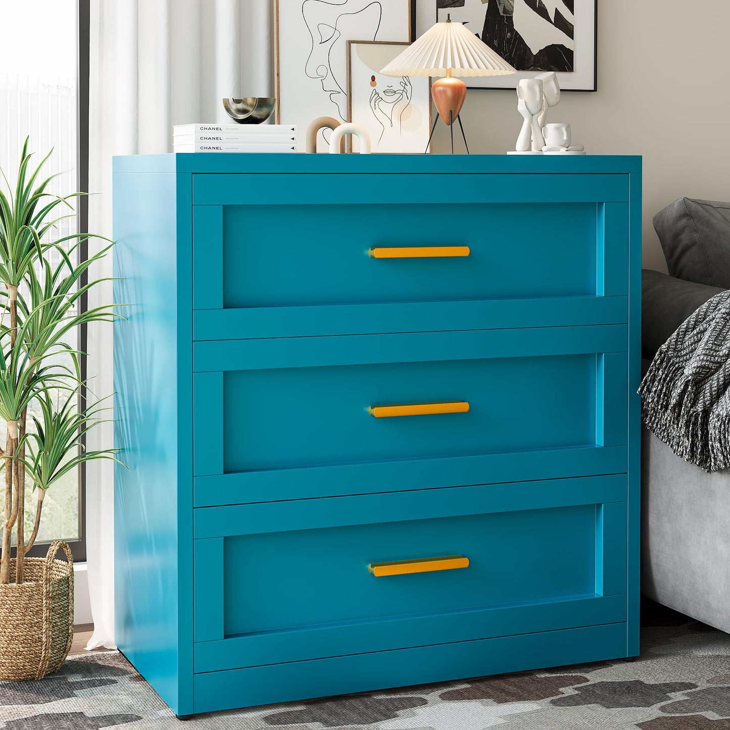 Baborokic Metal 3 Drawer Dresser for Bedroom,Closet Chest Dressers Storage with Drawers,Steel Dressers & Chests of Drawers, Wide Blue Metal Dresser Organizer for Bedroom,Living Room,Hallway