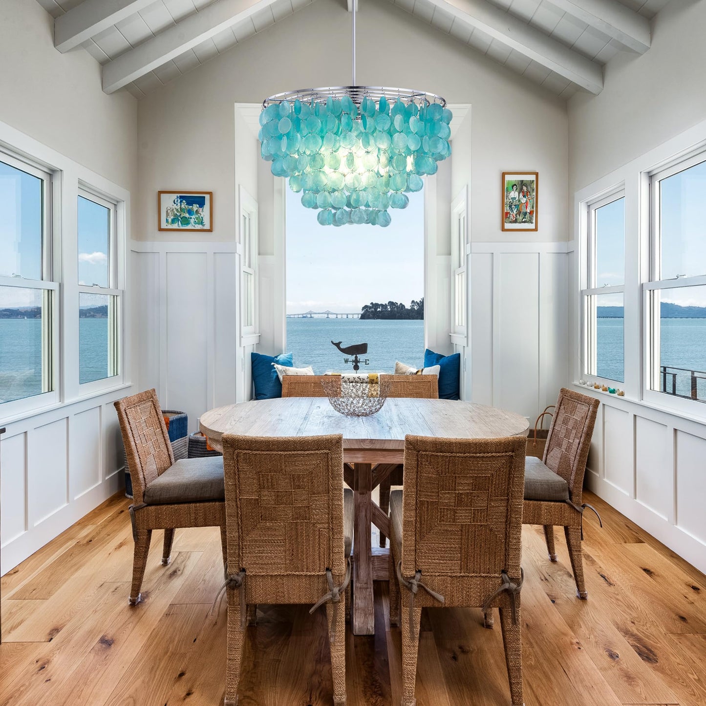 Wellmet Natural Capiz Shell Chandelier, 6 Lights Coastal Modern Blue Capiz Chandelier Pendant Lighting, Hanging Round Layered Chandelier for Living Room, Bedroom, Kitchen, Foyer, 23.62” D