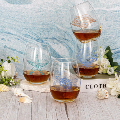 Ocean Themed Stemless Wine Glasses, Set of 4 Seashore Glassware - Sea Turtle, Starfish, Seashell, Conch Shell Assortment, Wine Gifts for Coastal Beach Lovers, Birthday Gifts for Women Mothers Day