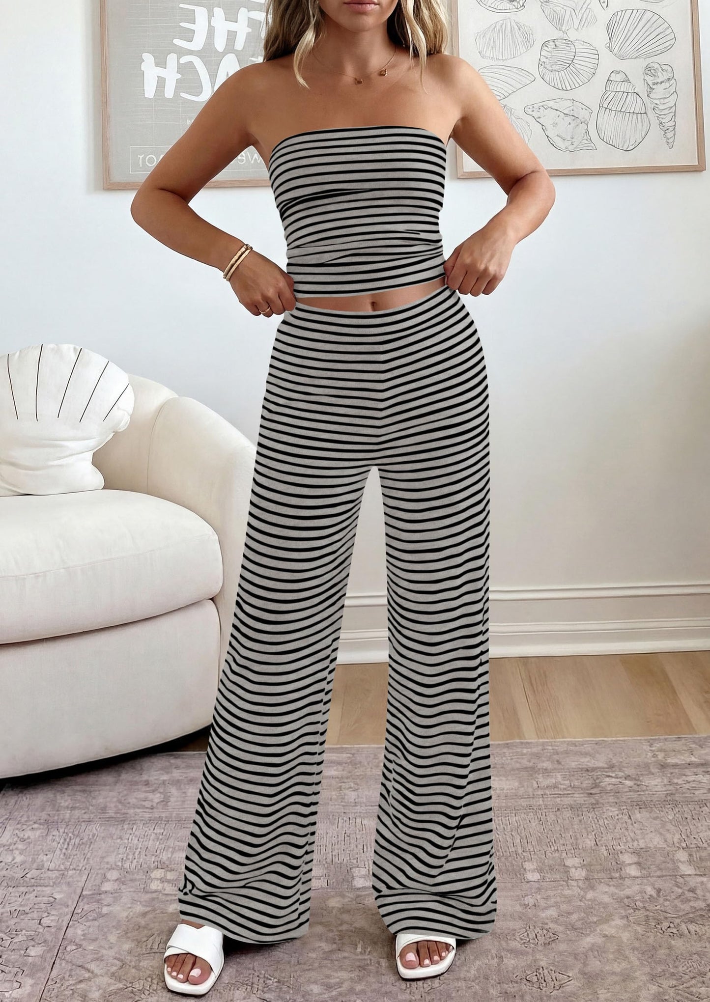PRETTYGARDEN Two Piece Striped Sets for Women Summer Travel Outfits 2026 Spring Y2K Going Out Vacation Clothes Loungewear (Grey Black,Small)