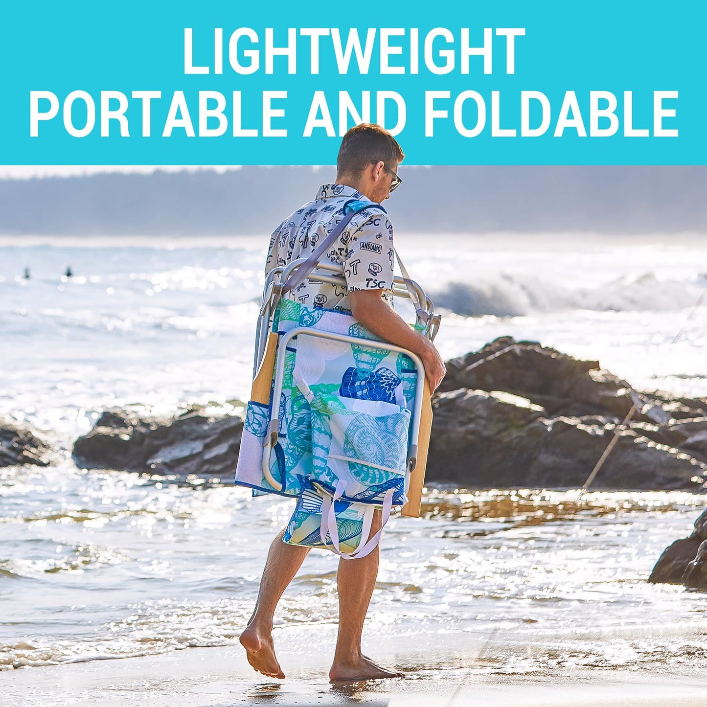 #WEJOY Beach Chair with 4 Positions for Adults Portable Backpack Aluminum Beach Chair with Wooden Armrest Lightweight Folding Chairs with Back Pocket Bag for Lawn Pool Patio Camping (Cyan Green)