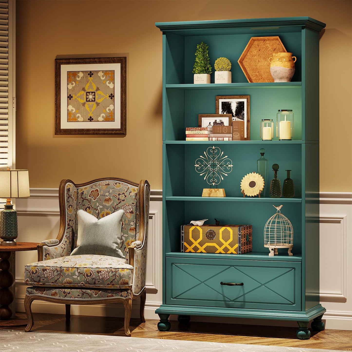 Tribesigns 6-Shelf Bookcase Set of 2, 71 Inch Tall Floor Standing Bookshelf with Drawer and Solid Wood Legs, 6-Tier Large Display Storage Book Shelf for Home Office, Ocean Blue