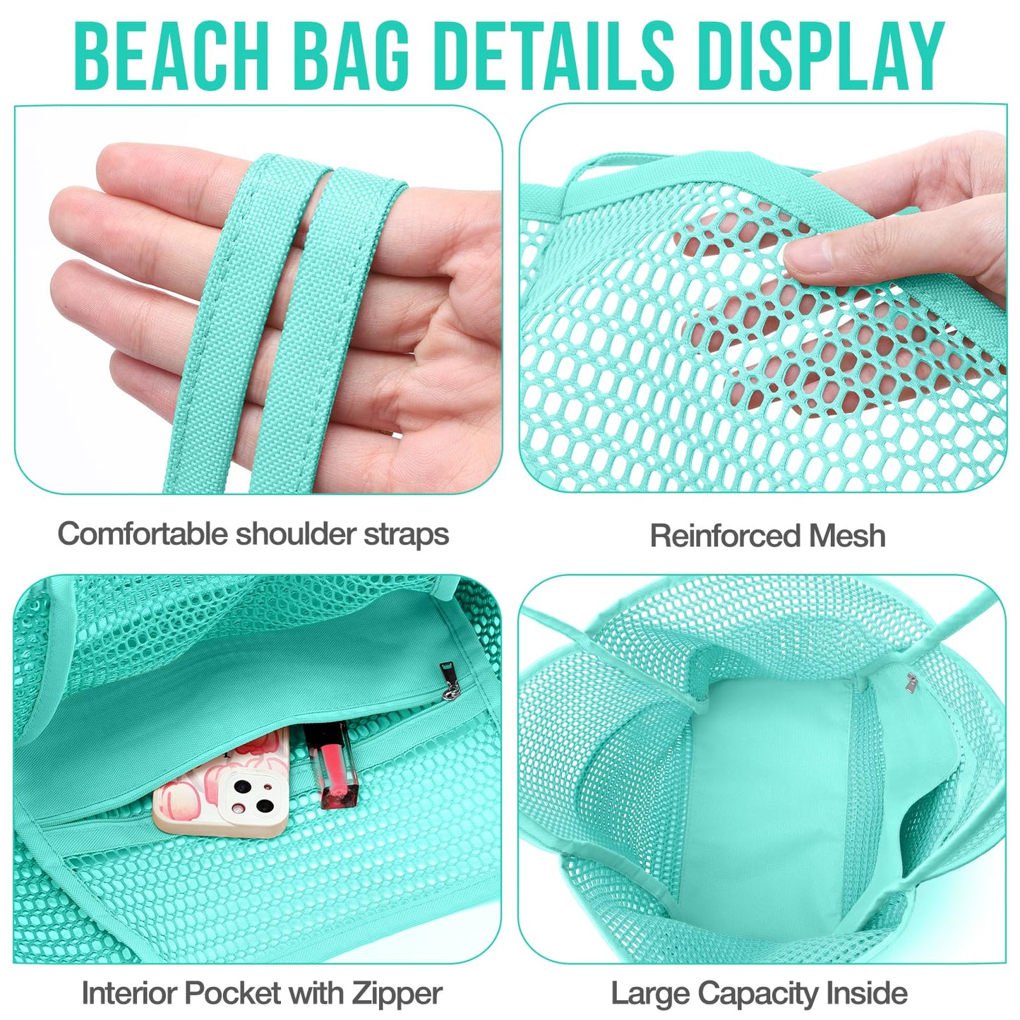 KPX Mesh Beach Bag, Tote Bag for Women Large Foldable Mesh Swimming Bag with Pockets - Sandproof, Waterproof (Blue-Style2)