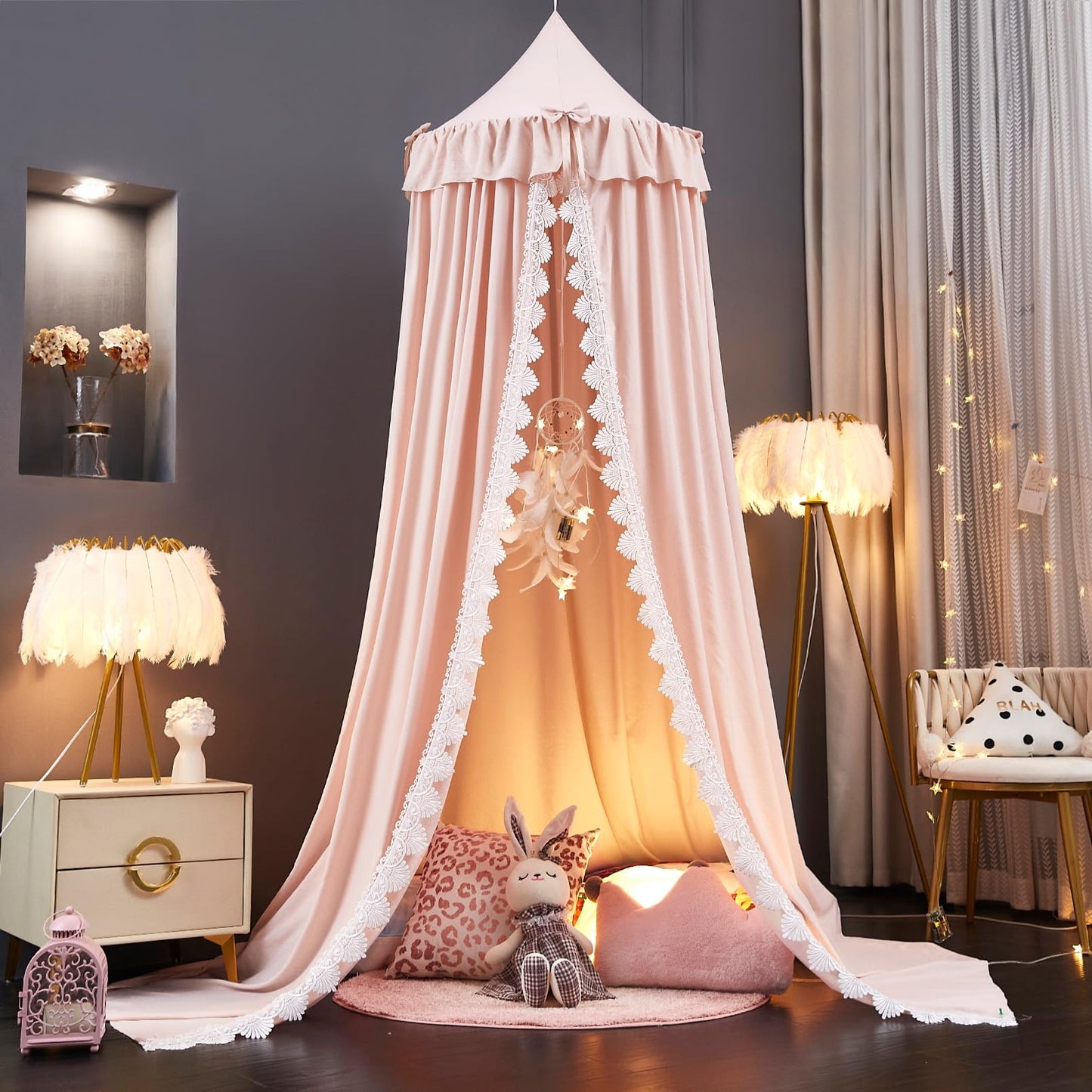 Kertnic Bed Canopy for Girls, Ruffled Soft Pink Princess Canopy Dreamy Bow Decor, Bed Canopies for Kids Room, Hanging Canopy Bedding Drapes Toddler Reading Nook Play Tent (Pink)