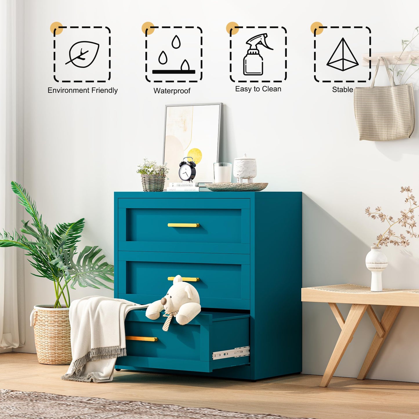 Baborokic Metal 3 Drawer Dresser for Bedroom,Closet Chest Dressers Storage with Drawers,Steel Dressers & Chests of Drawers, Wide Blue Metal Dresser Organizer for Bedroom,Living Room,Hallway