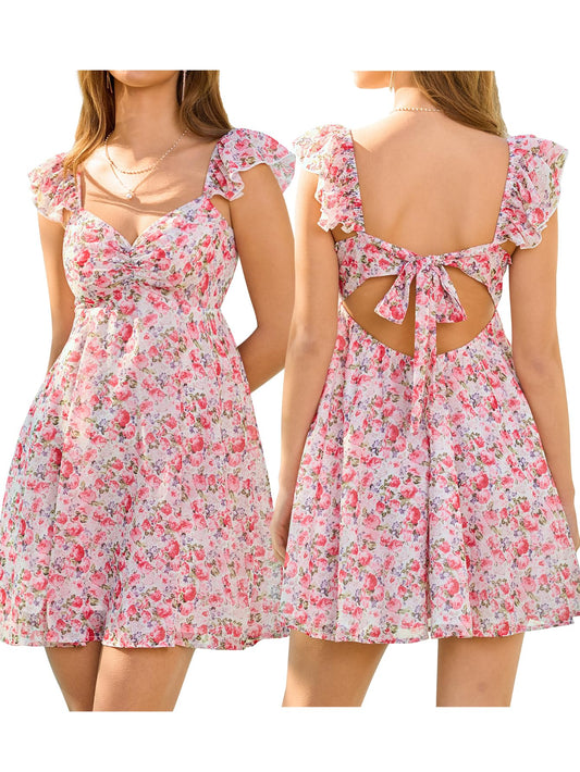 HTZMO Women Summer Floral Short Sundress V Neck Ruffle Bow Tie Sexy Backless A Line Flowy Cute Casual Beach Mini Dress 2026 Pink Floral M