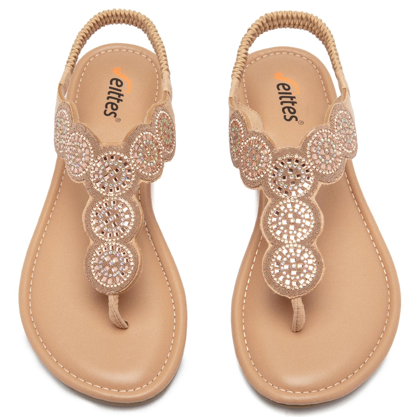 Veittes Women's Bohemian Bling Flat Slide Sandals - Casual Summer Thong Sandals with Rhinestone Decor, Rubber Sole, Lightweight & Comfortable Ankle StrapThong Summer Sandals.(2307004,GD/MF,11)