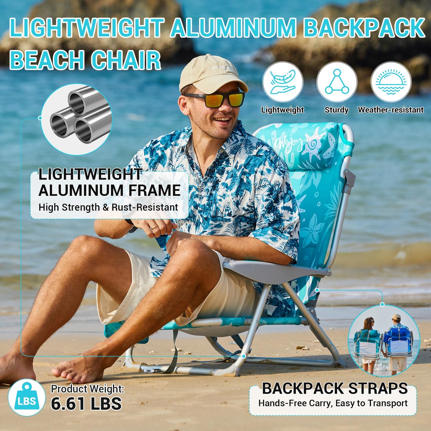 #WEJOY Beach Chair for Adults, Reclining Adjustable Position,Lay Flat Lightweight Folding Portable Aluminum Chair with Backpack Straps,Padded headrest, Heavy Duty 400 lbs Lawn Chair for Beach, 2 Pack
