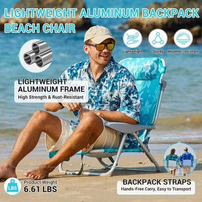 #WEJOY Beach Chair for Adults, Reclining Adjustable Position,Lay Flat Lightweight Folding Portable Aluminum Chair with Backpack Straps,Padded headrest, Heavy Duty 400 lbs Lawn Chair for Beach, 2 Pack