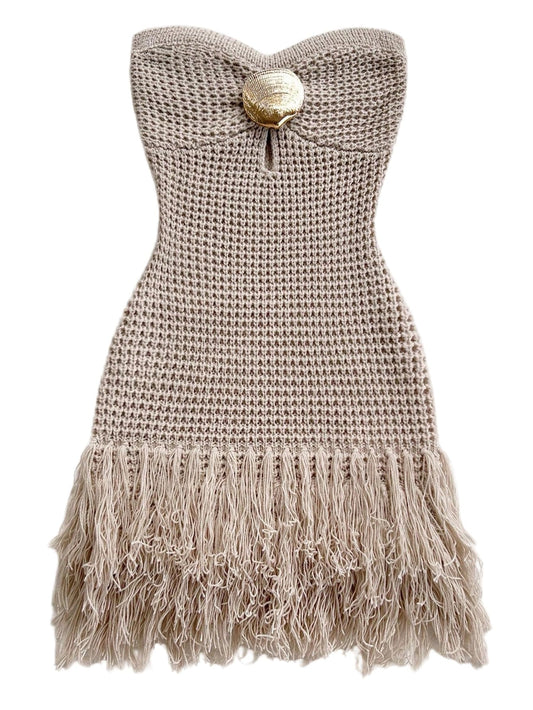 SweatyRocks Women's Boho Summer Vacation Strapless Crochet FringeTube Top Mini Dress Apricot Small