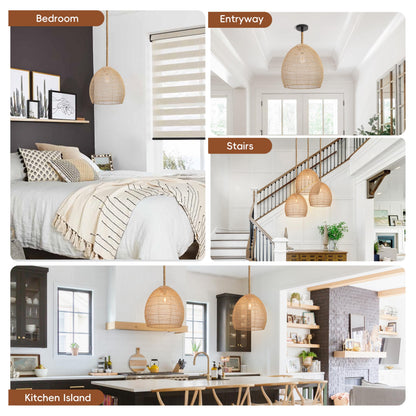 WALMHEIM 17.7" Large Farmhouse Chandeliers for Dining Room, 1-Light Rattan Boho Chandelier Light Fixture Coastal Wicker Hanging Pendant Lighting for Kitchen Island Bedroom Living Room Nursery