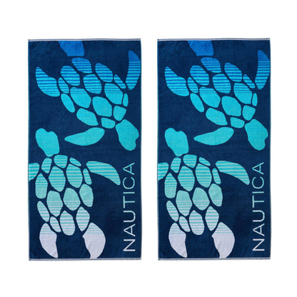 Nautica - Oversized Beach Towel Set, Soft Plush Velour Towels with Hanging Loop, Quick Dry & Absorbent, Beach Vacation Essentials for Adults & Travel (Turtle Beach Blue, 2-Pack)