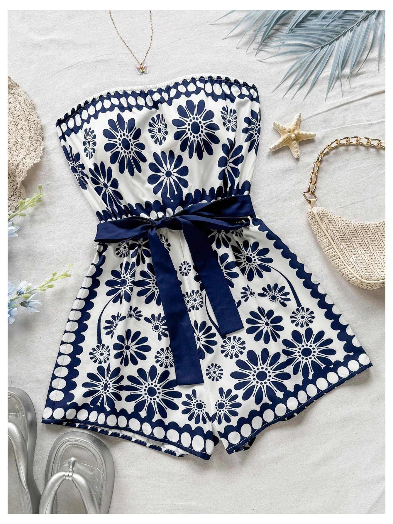 SweatyRocks Women's Summer Boho Strapless Romper Floral Sleeveless Short Jumpsuits Beach Vacation Clothes Dark Blue Medium